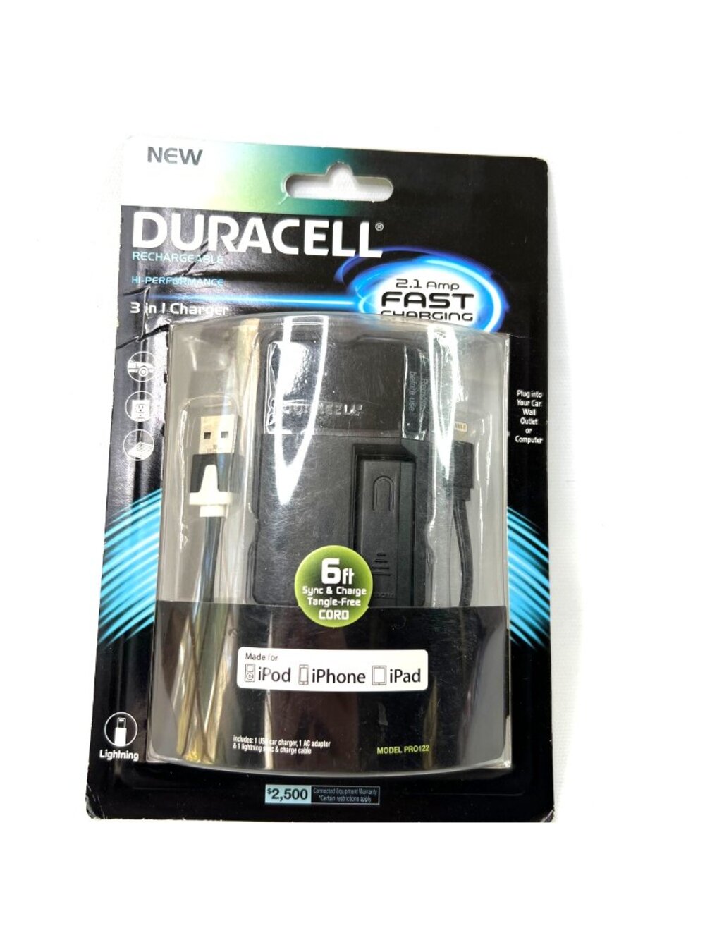 Duracell 3 in 1 Rechargeable Charger PRO122 6ft Cord iPhone iPad iPod